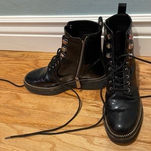 Michael Kors Black Leather Haskall Patent Leather Combat Boots Size 5